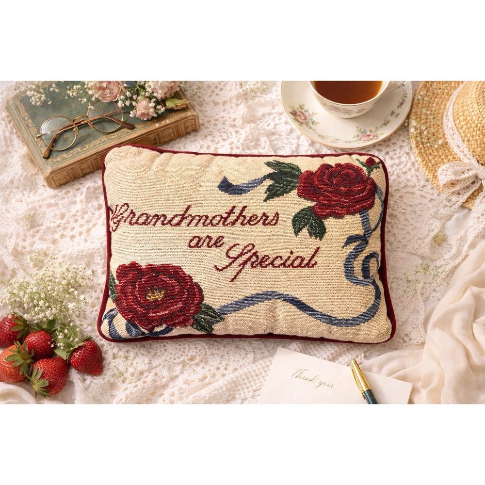 Vintage Needlepoint Pillow Cottagecore Granny Chic Pregnancy Announcement‎ 8x11